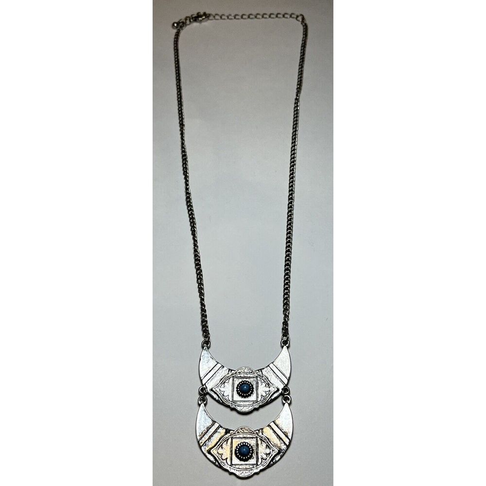 Vintage Silver Tone Chain With Two Layered Silver Tone Pendants W/ Faux Torquise